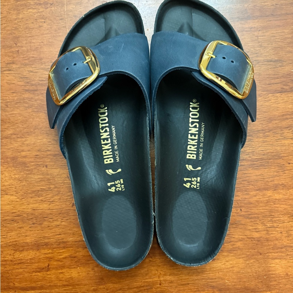 Birkenstock Blue Slides with Gold Buckle